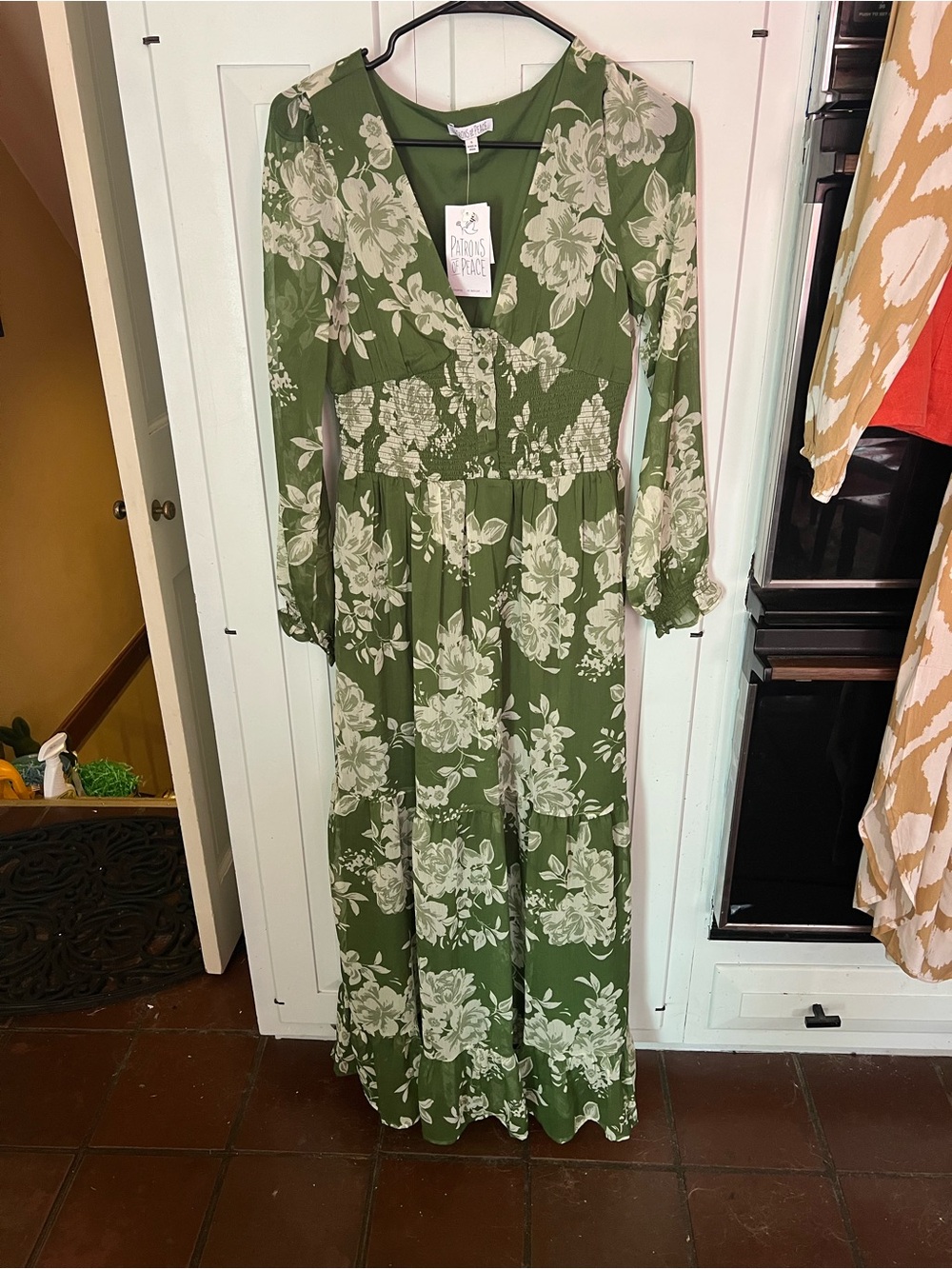 Patrons of Peace Olive Green Floral Dress with Ivory Print